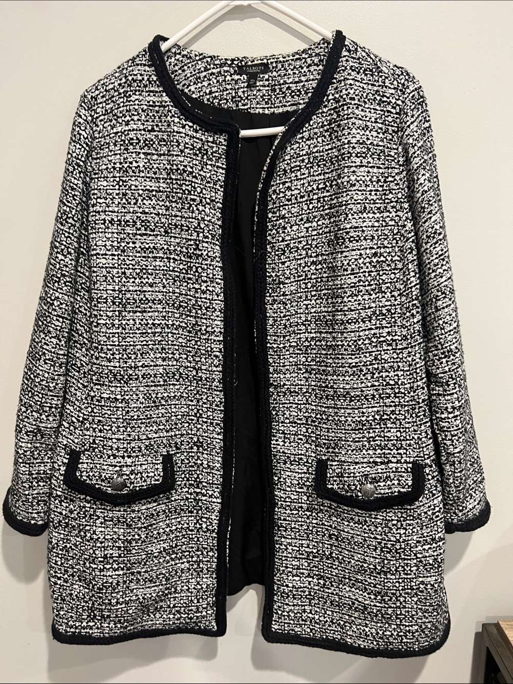 Talbots Black and White Tweed Open-Front Bouclé Jacket 1X petite